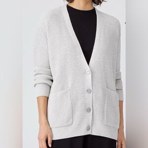 Eileen Fisher Organic Cotton Silk Boyfriend Cardigan in Pearl Gray Medium